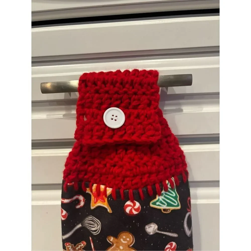 Crochet Top Kitchen Towel-Black Towel (Xmas stuff)